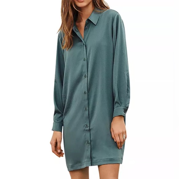 Ba&sh Sweet Silky Long Sleeve Olive Green Loose Button Down Shirt Dress EUC Sz S - Picture 1 of 14